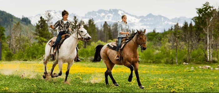 Confident plus-size woman riding Hungerford a horse through a field with a smile on her face.